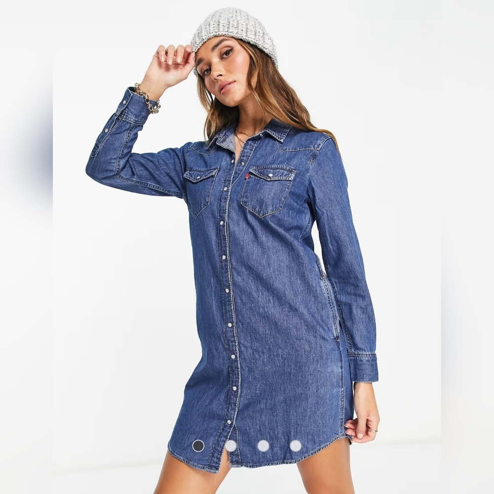Levi's Ultimate Western Denim Shirt Dress w/Pearlescent Snaps, Flap Pockets. L